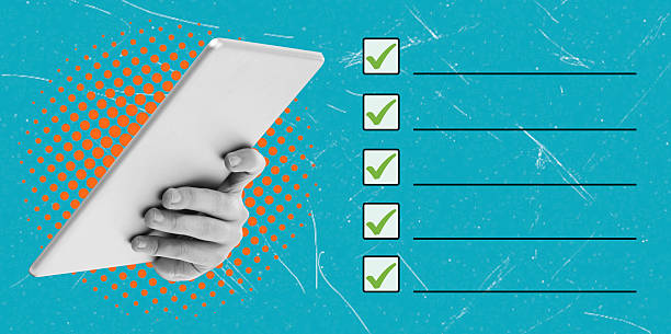 istock Art collage, Hand holding tablet displaying completed checklist on bright blue background with orange dots 2228907832