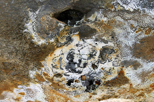 Close-up of sulfur deposits on a volcanic rock surface