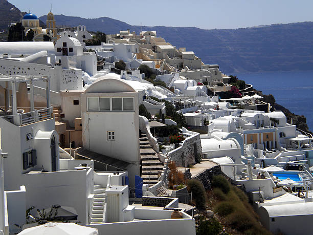 White houses on cliffs of Santorini under clear blue sky.