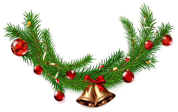 istock Festive Christmas garland made of pine branches, red ornaments and bells with bow. 2228910347
