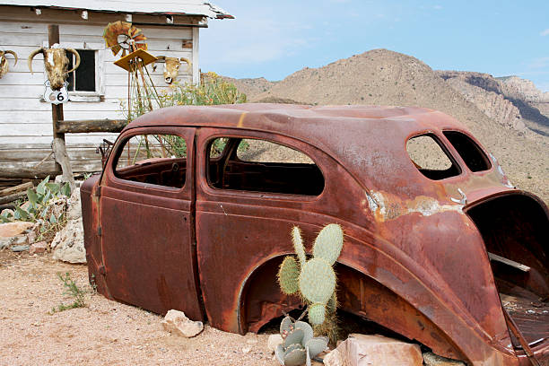 Rusty Car Remains Beside an Old Route 66 Desert Shack