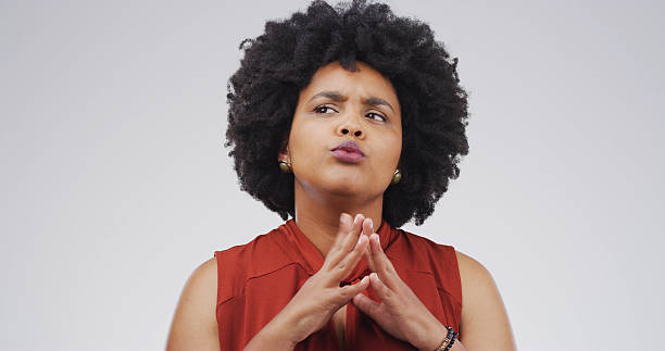 istock Thinking, planning and why with black woman in studio for brainstorming, idea and reflection. Problem solving, question and decision with person on white background space for solution and choice 2228911523