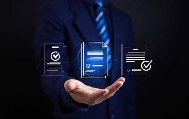 istock Businessman checking document management on virtual screen. Technology concept of data transfer, file recovery, computer backup, document or data folder transfer. 2228914576