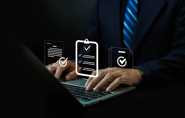 istock Businessman checking document management on virtual screen. Technology concept of data transfer, file recovery, computer backup, document or data folder transfer. 2228914587