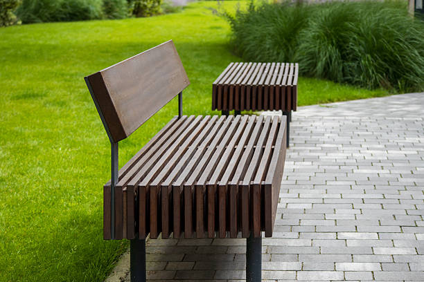 istock Modern wooden benches on a paved path in a green park 2228918111
