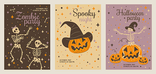 A set of three retro vector posters for a Halloween party. Features dancing skeletons, a jack-o-lantern, and SPOOKY NIGHT text. Vintage-style flyers for an October event.