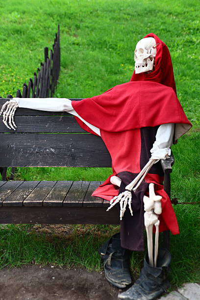 Halloween skeleton decoration in an urban area.