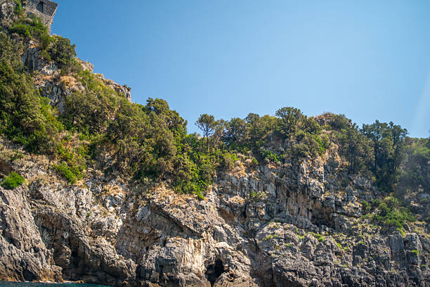 A stunning panoramic view of the Mediterranean Sea from the mountainous terrain along Italy’s Amalfi Coast.