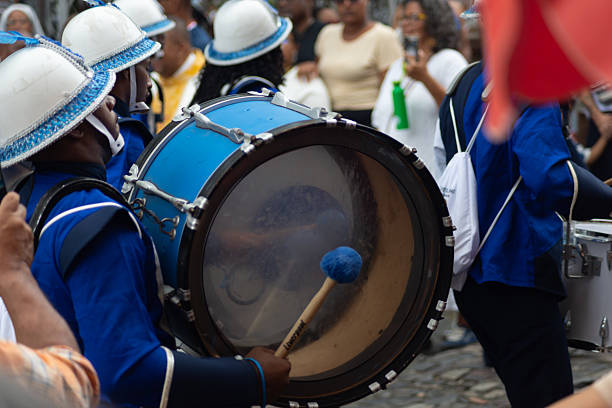 Salvador, Bahia, Brazil - July 02, 2025: A student group is seen playing musical instruments during a celebration honoring Bahia independence. Salvador, Brazil.