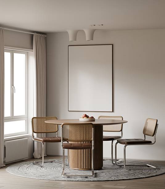 istock Frame poster mockup in a modern dining room interior. 3D rendering, 3D illustration. 2228930320