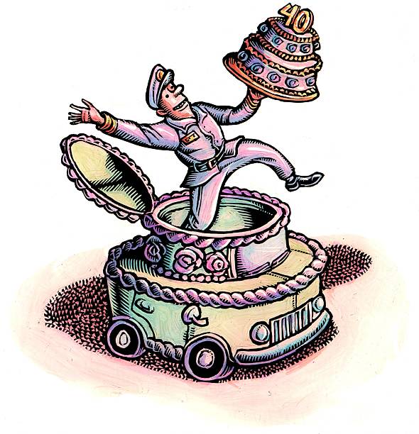 A cake delivery man jumps out of a cake shaped car.