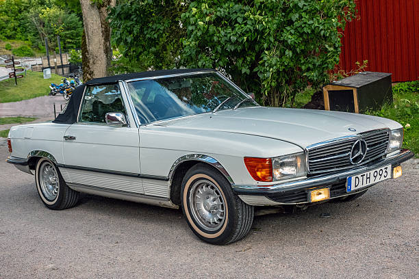Ulva, Uppsala, Sweden - August 05,  2025:  Vintage Mercedes-Benz 350 SL from 1972  at a classic and vintage car event at Ulva, Uppsala.