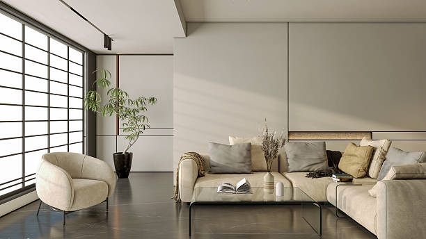 istock Large luxury modern bright interiors Living room mockup illustration 3D rendering image 2228934979