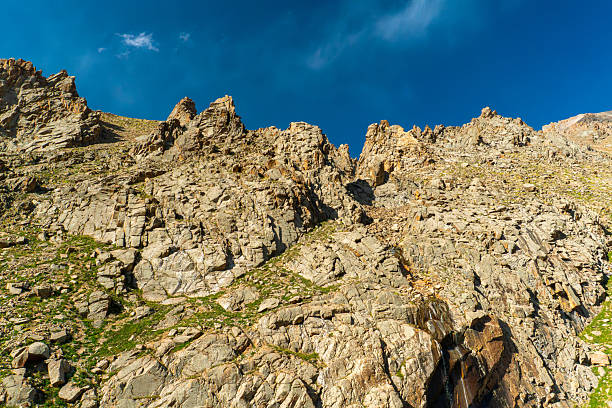 Ala-Archa Jagged rocky slopes dominate the scene, steep cliffs and rough terrain. Mountaineering, trekking, alpine climbing, hiking, adventure backpacking. Outdoor exploration in high mountains.