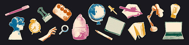 Back to school stationery paper clippings, stickers collection with vintage dot texture and muted colors Trendy education concept halftone duotone collage elements set Modern retro vector illustration