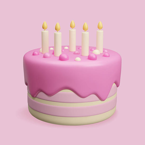 istock Pink Birthday cake with candles 3D render vector illustration.Cute light pink and yellow sweet cake dessert with burning candles, pink glaze and confetti bon bon candles. Happy birthday bakery. 2228938240