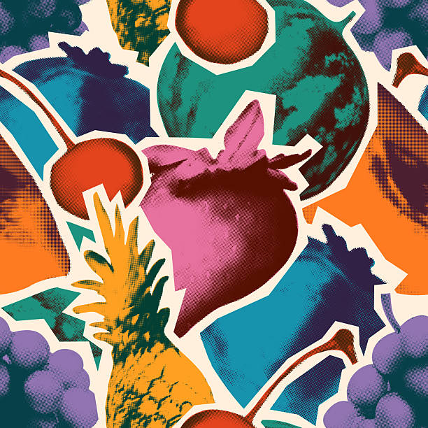 Summer fruits halftone duotone art collage seamless pattern. Paper cut out peach, grape, cherry, peach, strawberry, blueberry, pineapple with vintage dot texture. Modern retro vector illustration