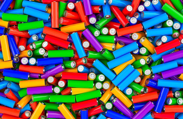 istock Batteries size AA, different colors background, wallpaper. 3D rendering 2228939037