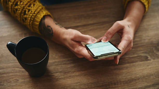 istock Young Woman Using Mobile Phone with Coffee Cup on Wooden Table 2228941937