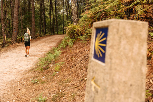Blue Camino de Santiago sign with yellow scallop shell and arrow pointing the way. A pilgrim with a backpack is walking on the path in the background.