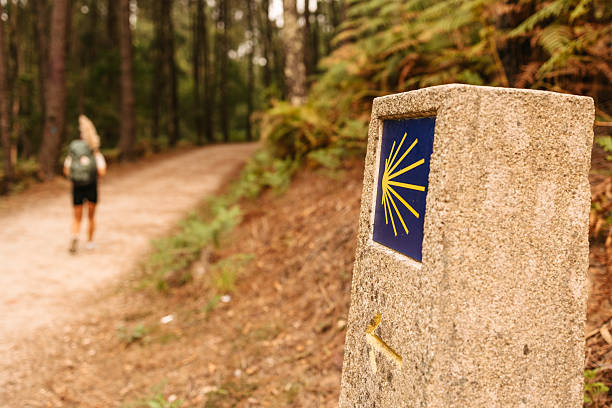 Blue Camino de Santiago sign with yellow scallop shell and arrow pointing the way. A pilgrim with a backpack is walking on the path in the background.