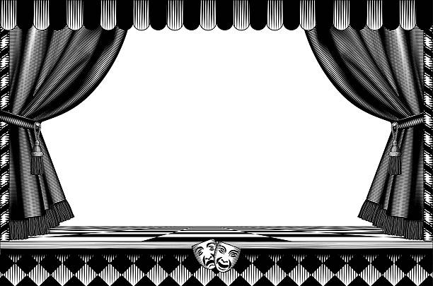 Decorative frame in the shape of a theatrical stage with an open curtain in vintage black and white engraving style. Vector illustration