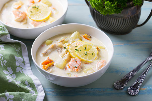 istock Chowder made with salmon, white fish, shrimps and vegetables 2228948390