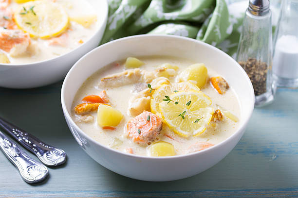 istock Chowder made with salmon, white fish, shrimps and vegetables 2228948397