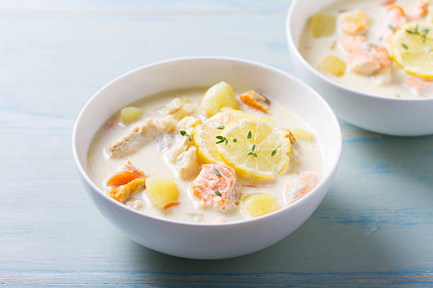 istock Chowder made with salmon, white fish, shrimps and vegetables 2228948398