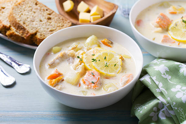 istock Chowder made with salmon, white fish, shrimps and vegetables 2228948408