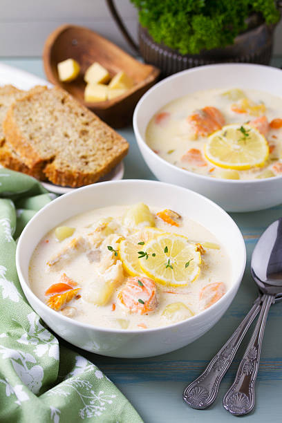 istock Chowder made with salmon, white fish, shrimps and vegetables 2228948409