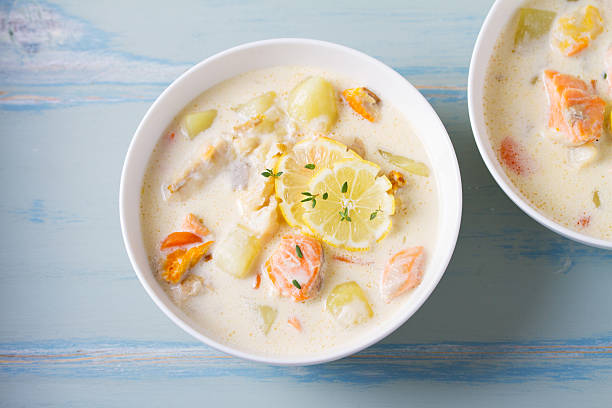 istock Chowder made with salmon, white fish, shrimps and vegetables 2228948414