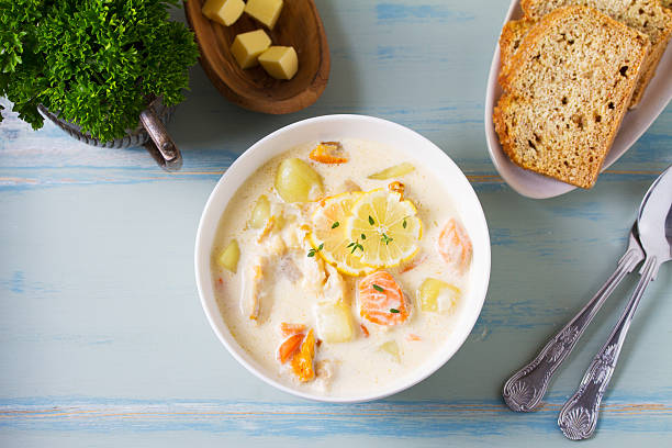 istock Chowder made with salmon, white fish, shrimps and vegetables 2228948415