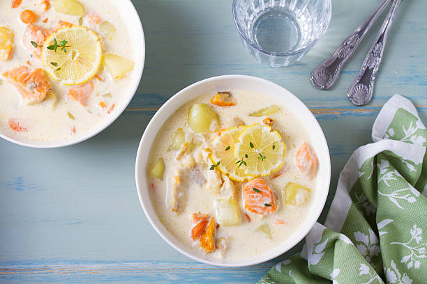 istock Chowder made with salmon, white fish, shrimps and vegetables 2228948421