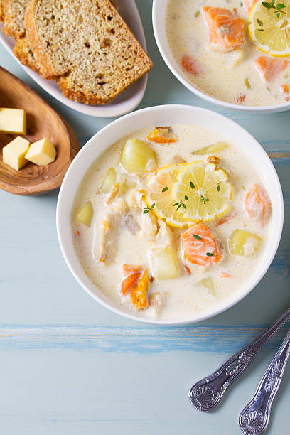Chowder made with salmon, white fish, shrimps and vegetables
