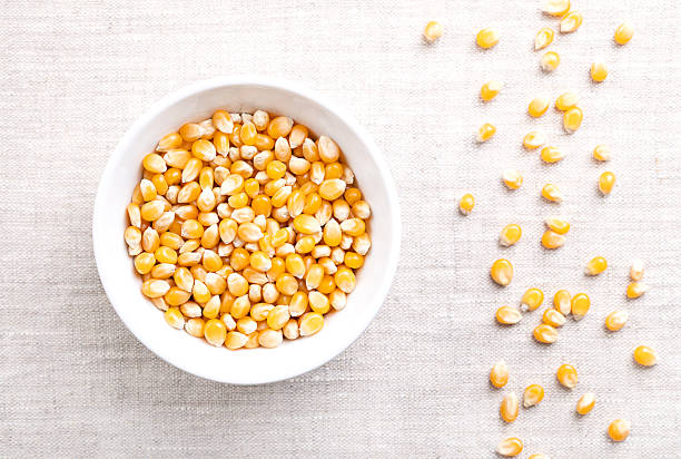 istock Popcorn kernels, Zea mays everta, in white bowl on linen 2228948488