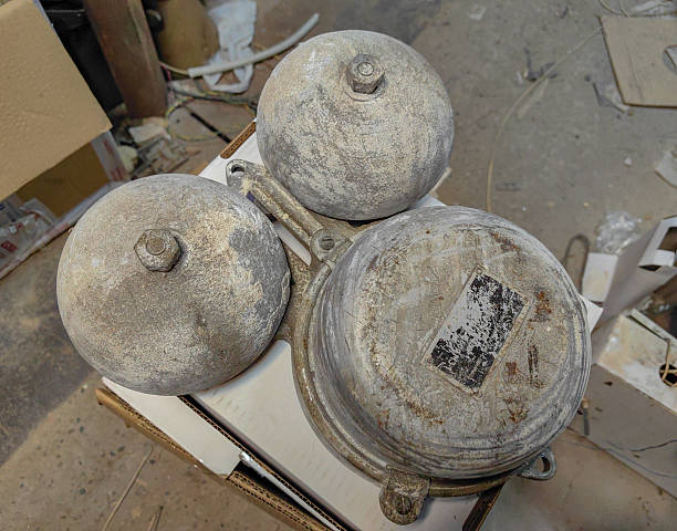 istock Vintage industrial objects featuring spheres and cylindrical metal components with bolts. 2228953086
