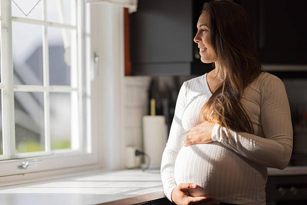 istock Smiling pregnant woman standing by a window in bright sunlight 2228962621