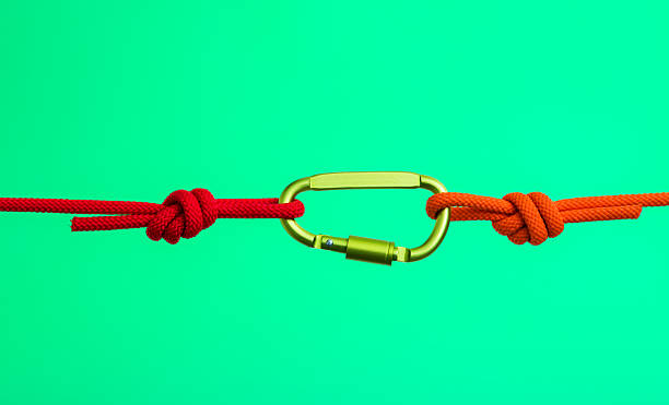 istock Carabiner clip and climbing rope on green background 2228962943