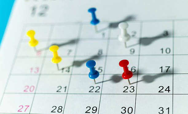 istock Set of many differnet pushpins or thumbtacks on calendar with shadow 2228963282