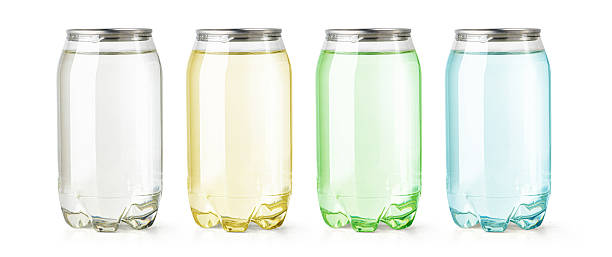 Colorful soda cans with clear liquid showing refreshing variety