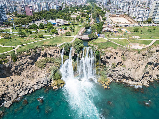 istock Aerial view of Duden waterfall dropping in Mediterranean Sea. 2228971321