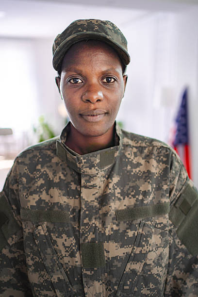 istock Confident african american female soldier looking at camera 2228981925