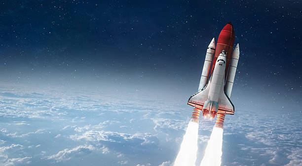 istock Space shuttle flight in deep space. Spacecraft on orbit of Earth planet. Space mission of spaceship in sky and stars. Elements of this image furnished by NASA. Photo collage. Not AI content 2228985412