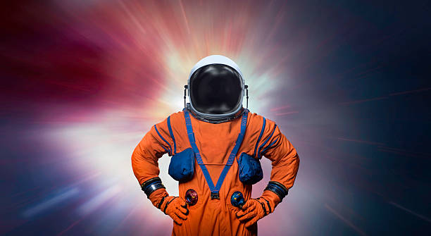 American astronaut on abstract galactic background. Spaceman in bright starry space. Sci-fi space photo collage. Mixed media