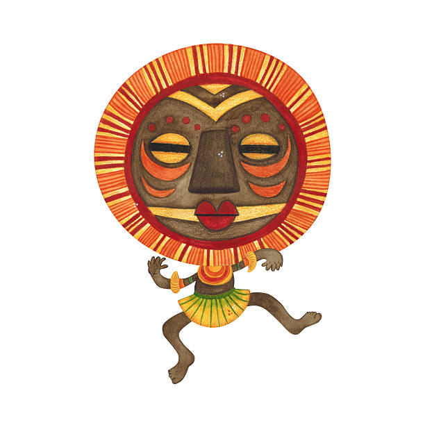 istock Dancing african aborigine in a brown round mask with orange fringe with legs outstretched. Watercolor illustration, hand drawn, cartoon. Drawing for poster, stickers, print. Africa, mask, funny 2228992852