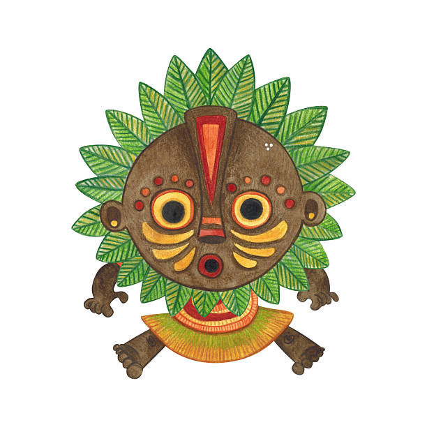 istock Jumping african aborigine in brown round mask with green leaves frame. Watercolor hand drawn illustration, cartoon. Drawing for poster, stickers, print. Africa, mask, funny, character 2228992902