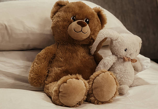 istock Two soft plush toys — a brown teddy bear and a white bunny with a bow — are sitting side by side on a cozy bed with white pillows. A warm, nostalgic scene of childhood comfort and innocence. 2229009921