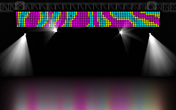 istock Vibrant LED screen displaying in colorful pixel dots on a truss, mounted above a dark stage lit by bright spotlights. Dynamic light beams illuminate the floor with colorful reflections. 2229017664