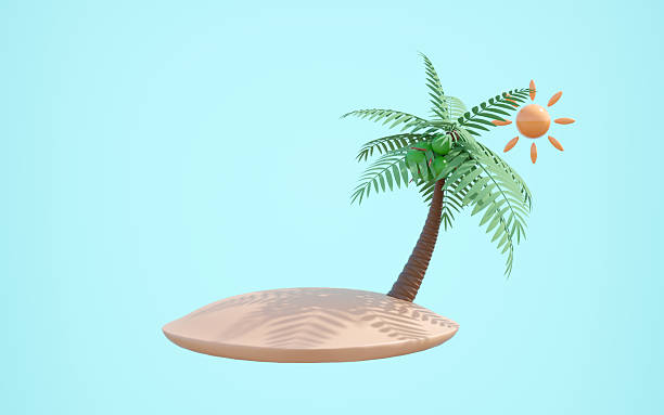 istock 3D render of a stylized tropical island with a vibrant palm tree, green coconuts, and an orange sun against a serene light blue background. Ideal for summer, vacation, and travel themes. 2229017669